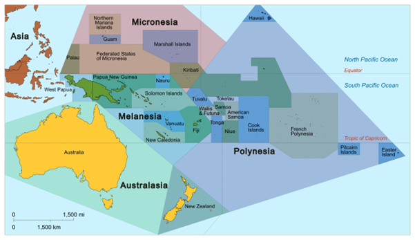 Subregions (Melanesia, Micronesia, Polynesia and Australasia), as well as sovereign and dependent islands of Oceania