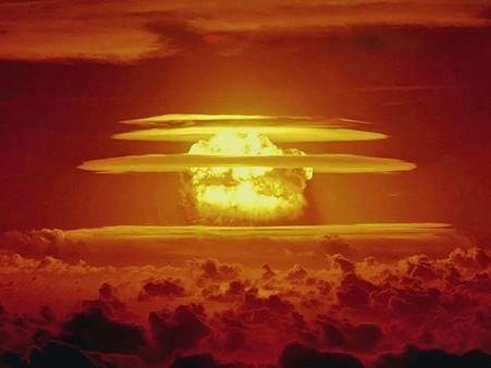The mushroom cloud from the Castle Bravo thermonuclear weapon test in 1954, the largest nuclear weapons test ever conducted by the US
