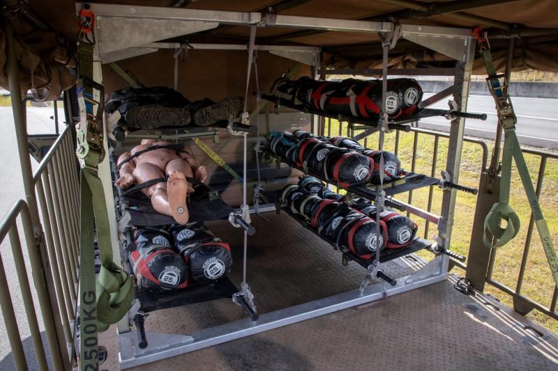 The assembled MASCAS evacuation system, installed within the Army Rheinmetall 40M truck. The project was developed and funded by the RAAF EDGY High Priority Projects program, the ADF incubator for grass-roots innovation projects.